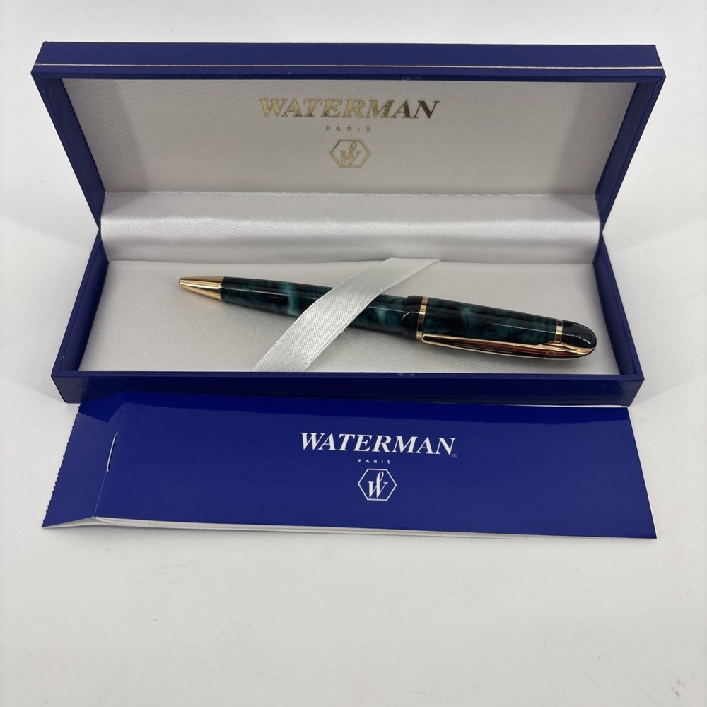 Waterman Phileas Ballpoint Pen Marble Green Gold Trim‎ Blue Ink Vintage 90s